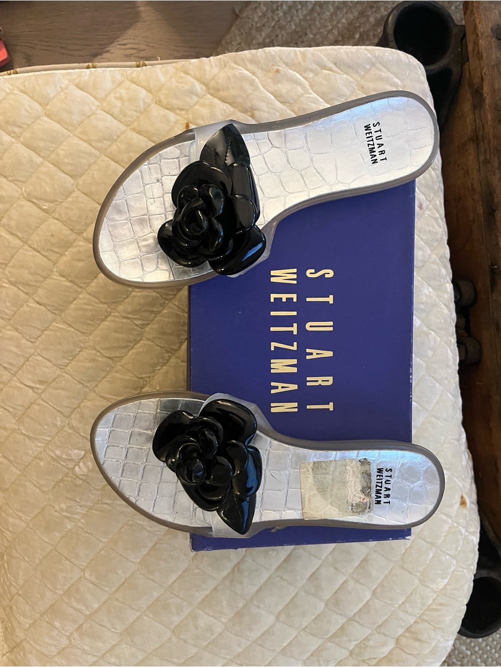 Stuart Weitzman Black Floral Patent Slide Sandals